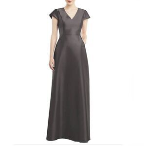 NWT Alfred Sung Caviar Gray Cap Sleeve‎ V-Neck Satin Gown Size 0